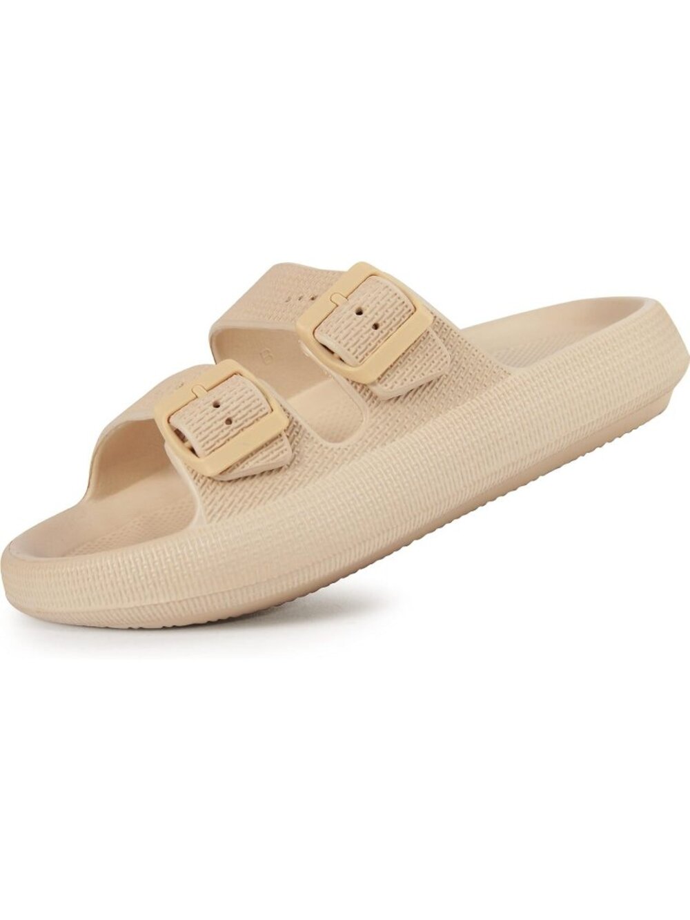 Women's Tan Adjustable Width Pillow Design Double Buckle Flat Slides Slippers